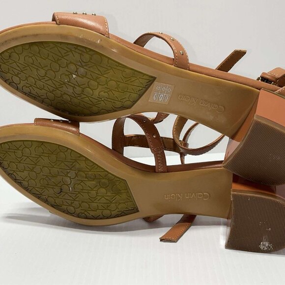 Calvin Klein Divina Heeled Sandals Gold Stud Accent Ankle T Strap Size 8.5 - Picture 7 of 8
